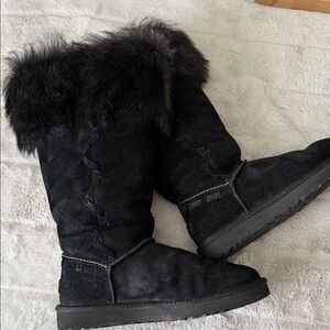 UGG Women’s Suede Fur-Trimmed Tall Boots, Black, Size 10